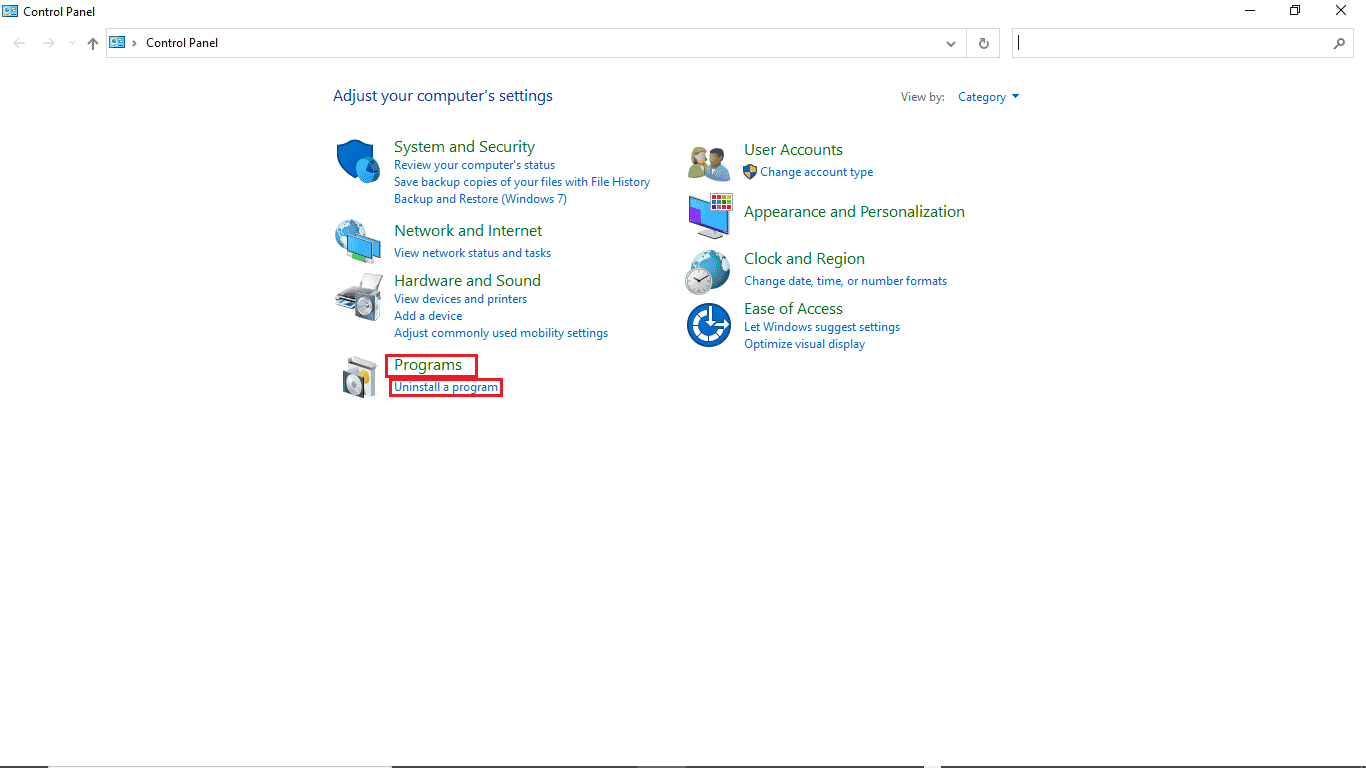 locate Programs and uninstall a program options in the control panel 