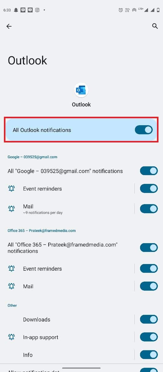 locate the All Outlook notifications option, and turn the toggle On or Off | Outlook app calendar push notifications on Android