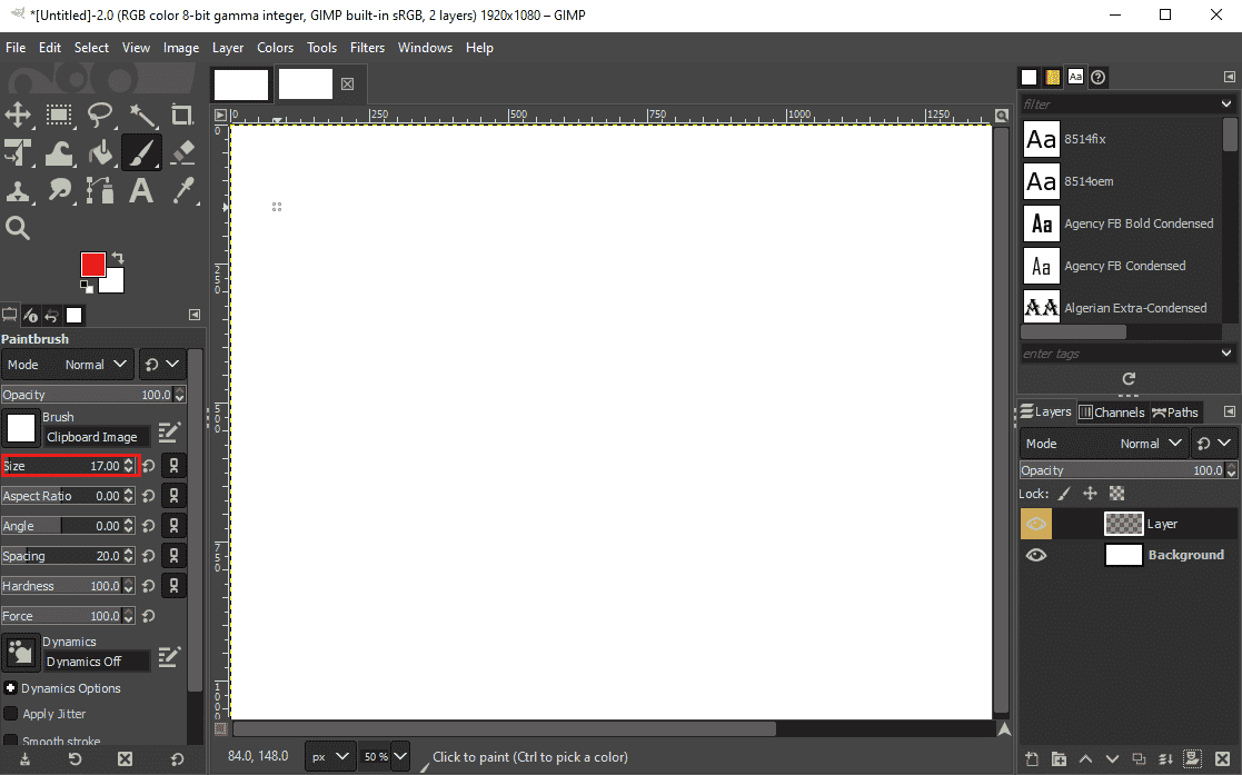 Locate the Brush Size. Fix GIMP Paintbrush Tool Not Working