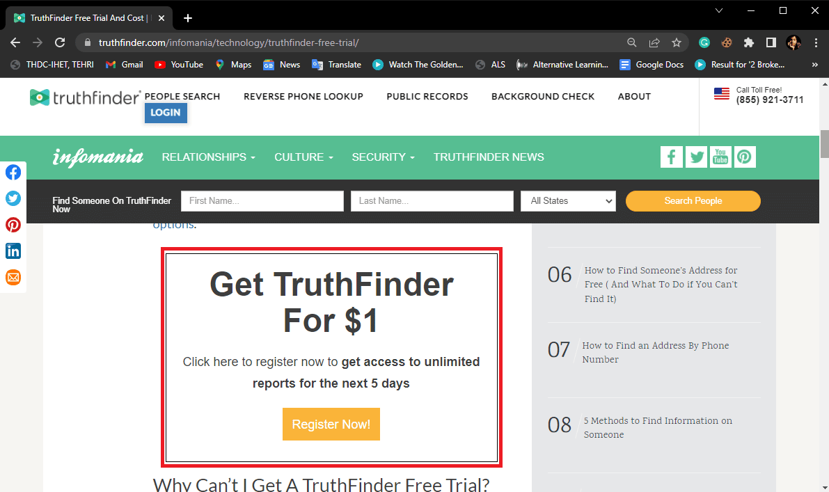 Locate the Get TruthFinder for 1 dollar and click on Register Now. TruthFinder Free Trial and Price