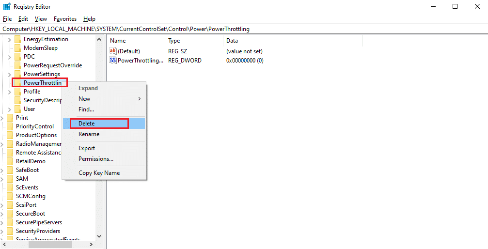 Locate the PowerThrottling key in the Power folder and right click on it. Then select the Delete option to enable power throttling. Fix Laptop Thermal Throttling