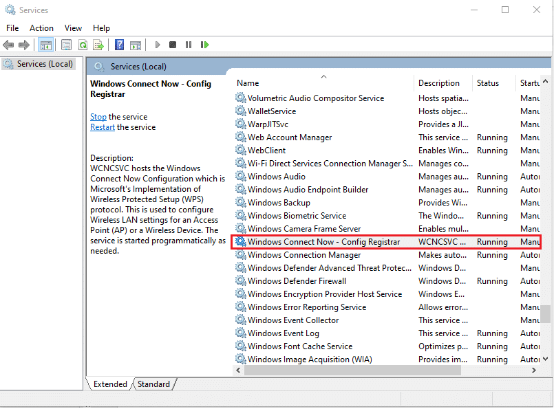 Найдите службу регистратора конфигурации Windows Connect Now.