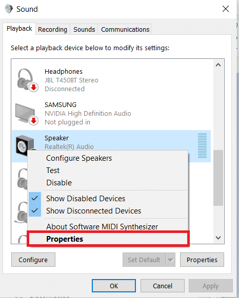 Locate your default playback device and right-click it. Choose Properties