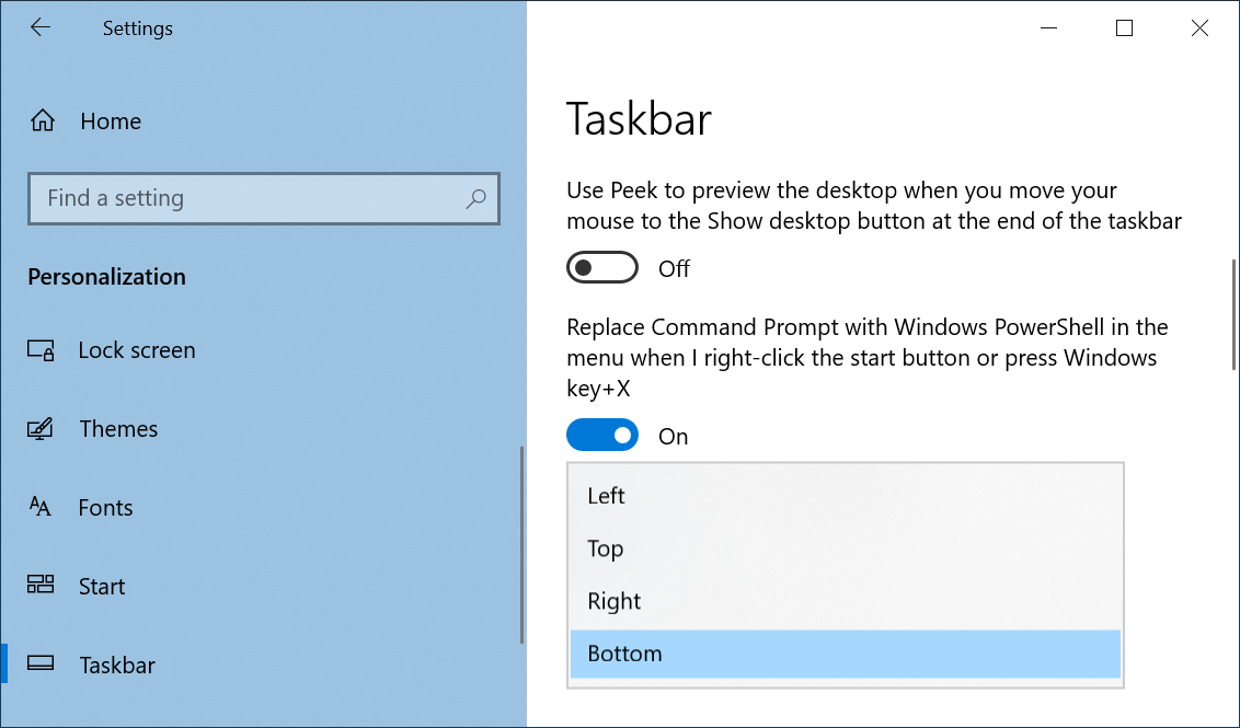 Under the 'Taskbar location on-screen' option, click on the downward arrow. Then a dropdown will open up, and you'll see four options: Left, Top, Right, Bottom.