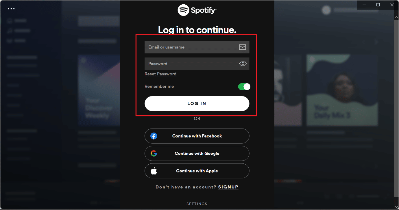 Spotify log in option