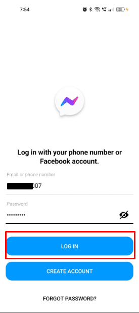 Log into your Messenger account using your phone number and newly created password.