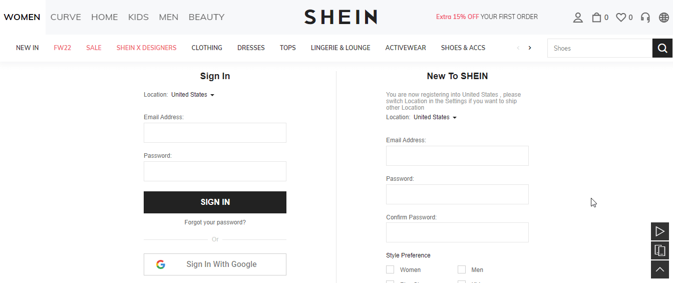 Log into your Shein Account