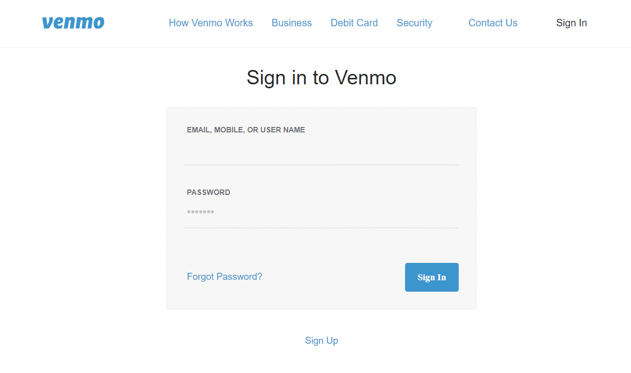 Войдите в Venmo и нажмите «Войти». | Как разморозить учетную запись Venmo