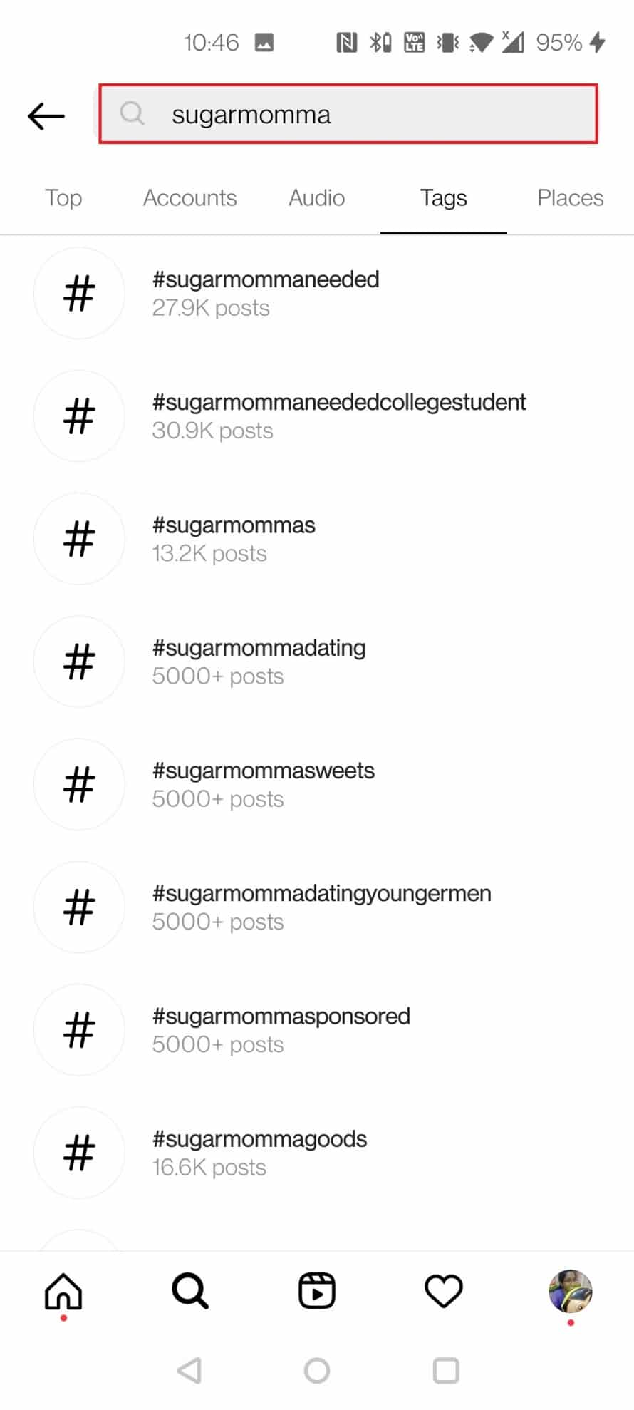 look for hashtags associated with sugar mommas