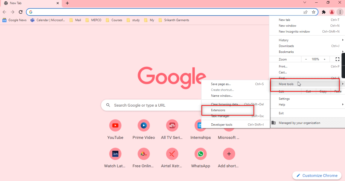 Look for More tools option in the list and move your mouse over it. In the drop-down list next to it, look for Extensions and click on it