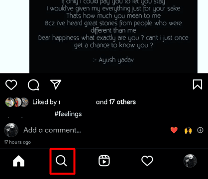 Look for the navigation bar at the bottom of your screen and select Magnifying glass | unmute someone’s post