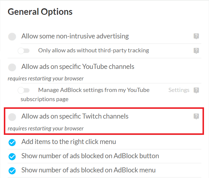 Look for the option Allow ads on specific Twitch channels and uncheck it | Fix Adblock Not Working On Twitch