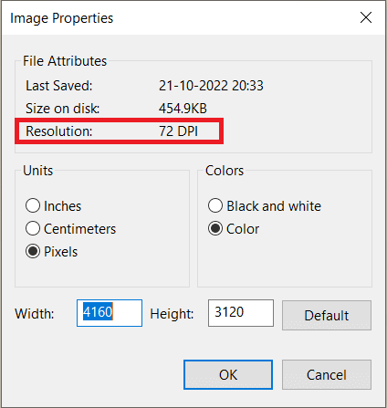 Look for the Resolution field | check image DPI in Windows 10