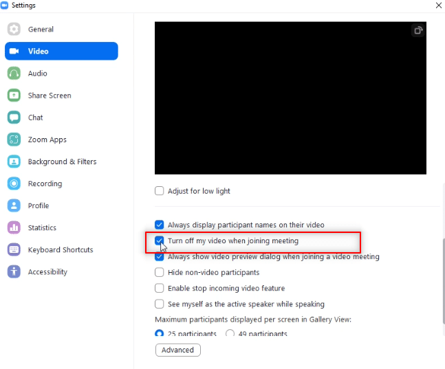Look for Turn off my video when joining meeting setting and tick the box next to it