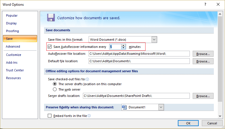 make sure Save AutoRecover information every checkbox is checked