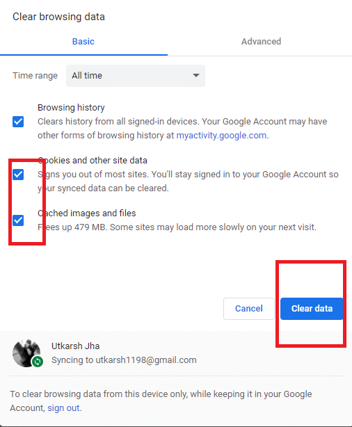 Make sure the boxes beside the cache images and files and cookies and other sites data are ticked. Then choose Clear data.