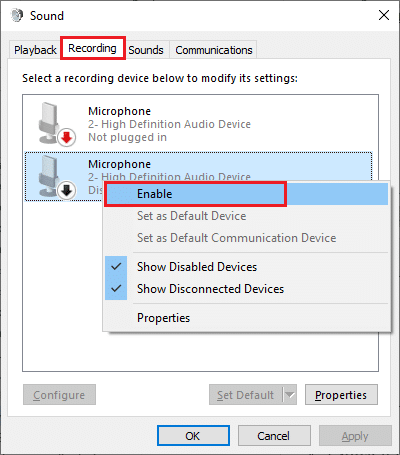 Make sure the Default Device is enabled on your PC. If it is disabled, right-click on the device and select the Enable option 