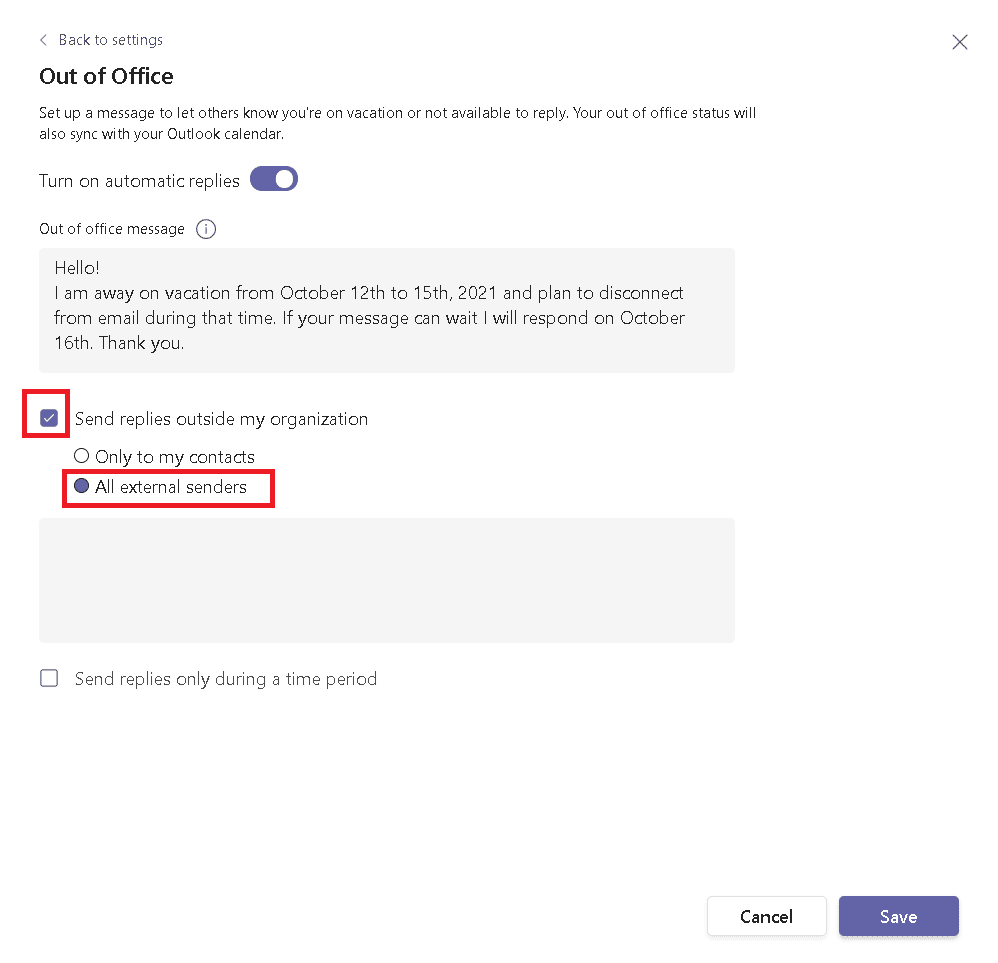 select All external senders. How to set working from home out of office message