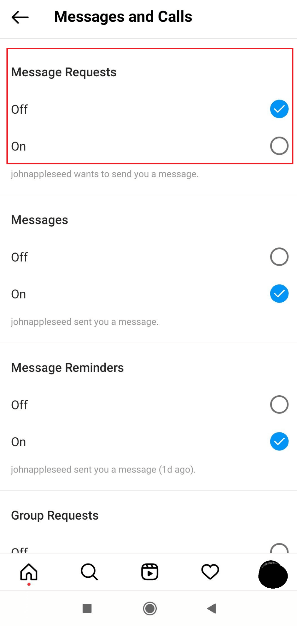 Message request off