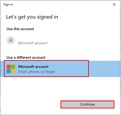 Microsoft account option under sign in