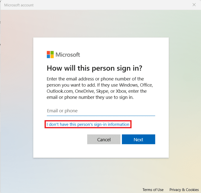 Microsoft Account window