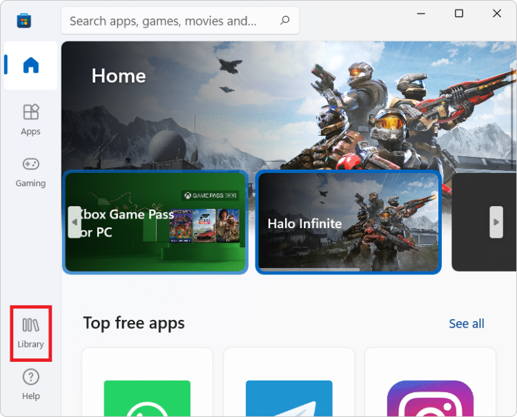 click on Library menu in the Microsoft Store