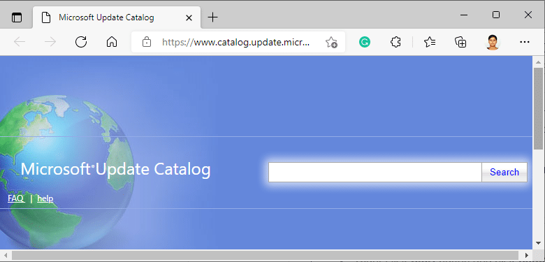 Microsoft Update Catalog search bar homepage