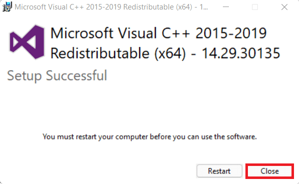 click on Close button Microsoft Visual C plus plus Redistributable wizard 