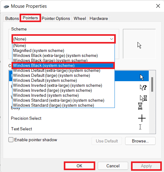 select windows black system scheme in Mouse Properties. How to get the black cursor in Windows 11