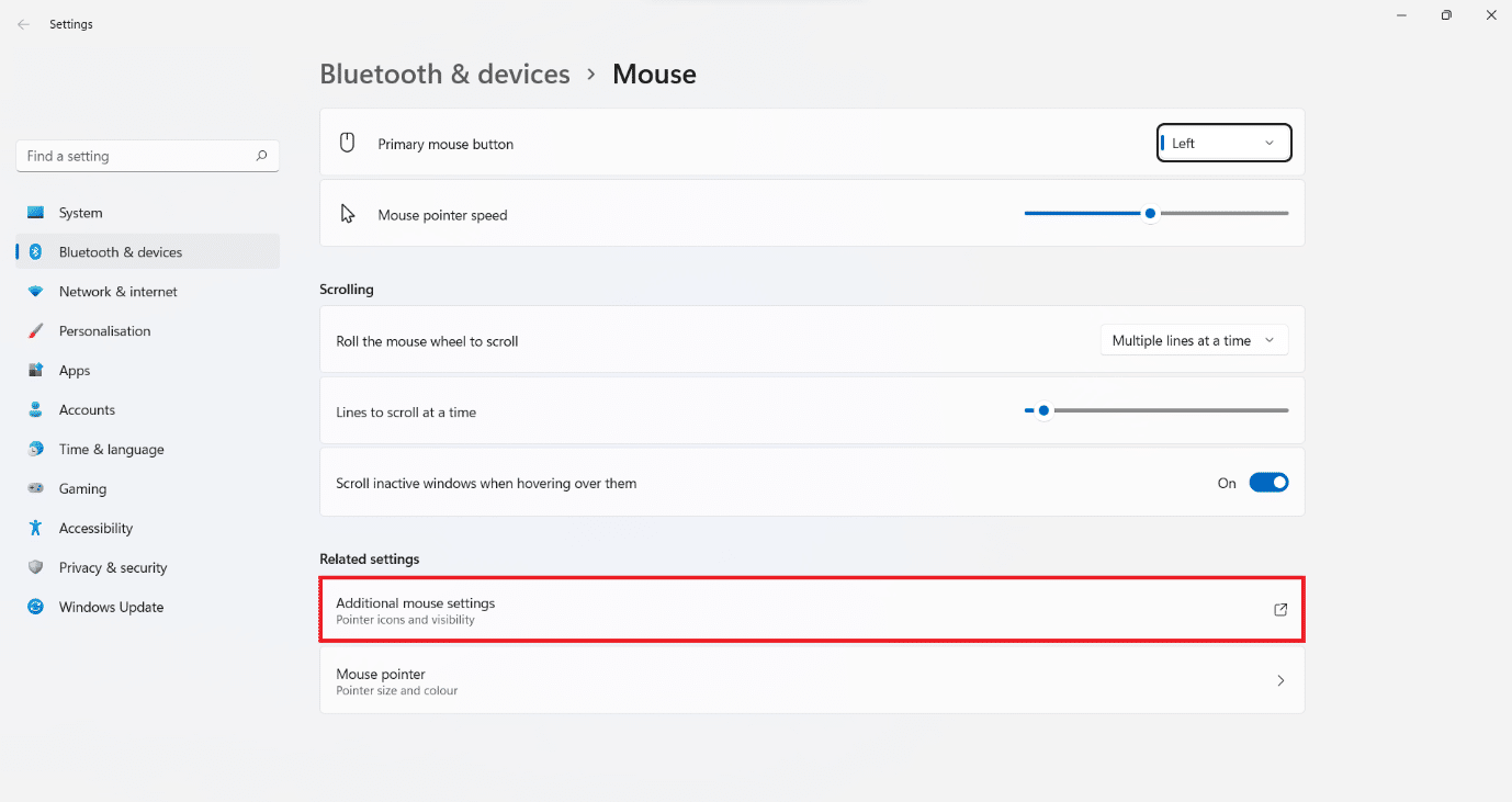 Mouse Settings section in Settings app