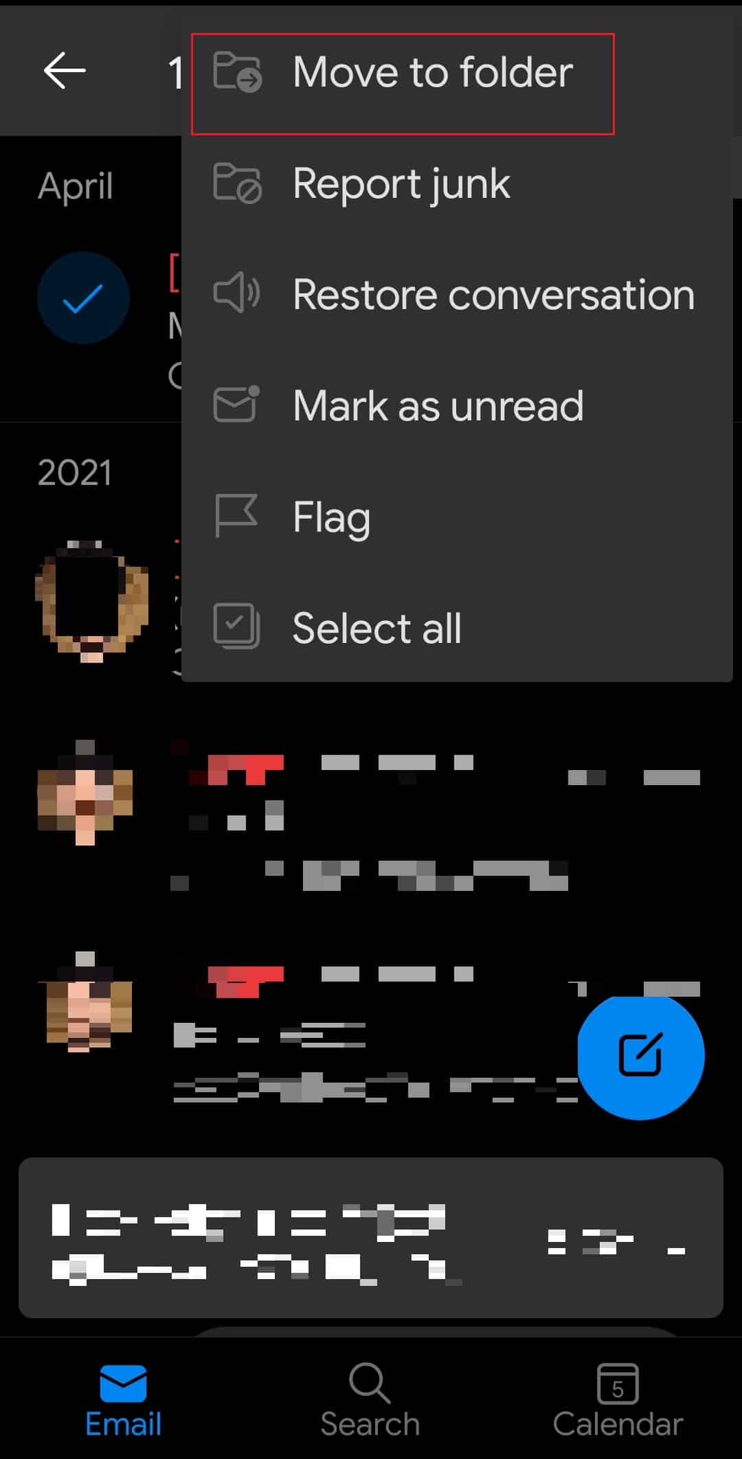 move to folder in Outlook app deleted folder