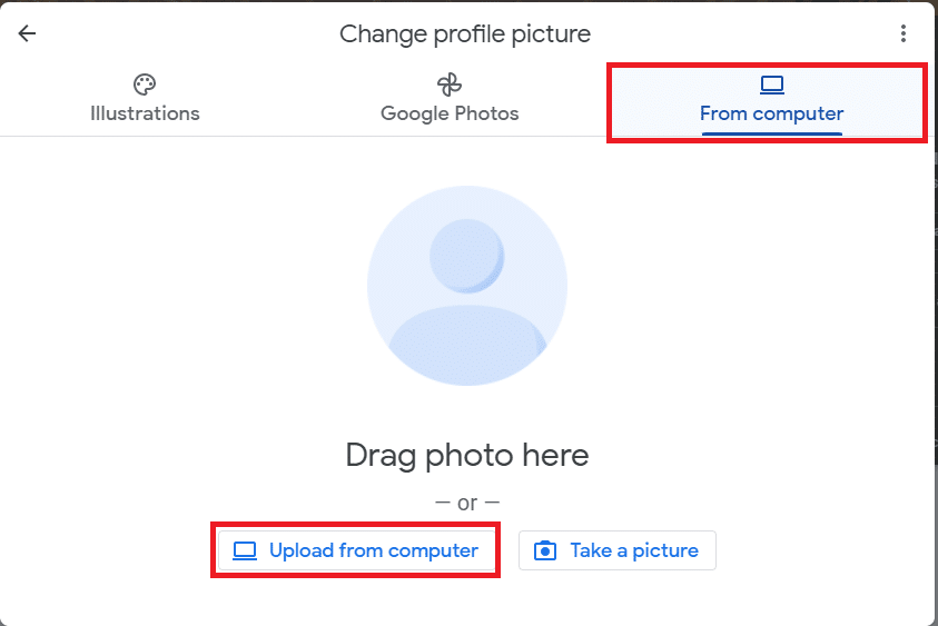 Move to the From computer tab in the Change profile picture window and click on the Upload from computer button