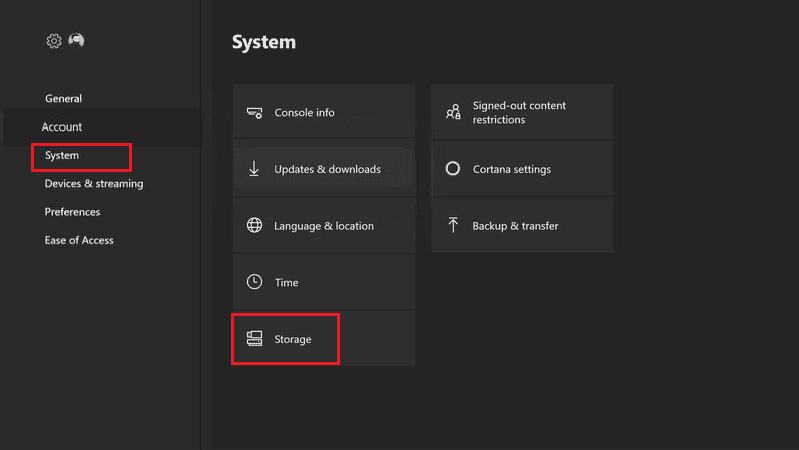 Move to the System tab and select the Storage option. Fix Call of Duty Vanguard Dev Error 6032 on Xbox