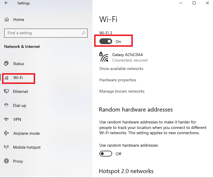 Move to the Wi-Fi tab on the left pane and toggle on the Wi-Fi option to enable WiFi