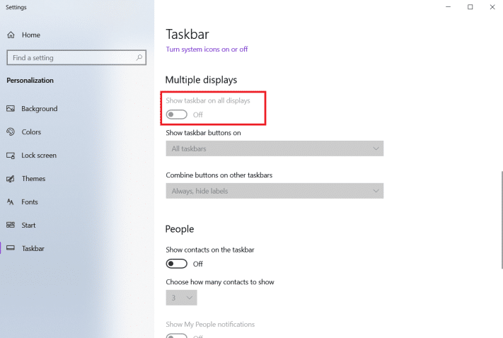 toggle on multiple displays option in taskbar menu personalize settings. How to Setup 3 Monitors on a Laptop