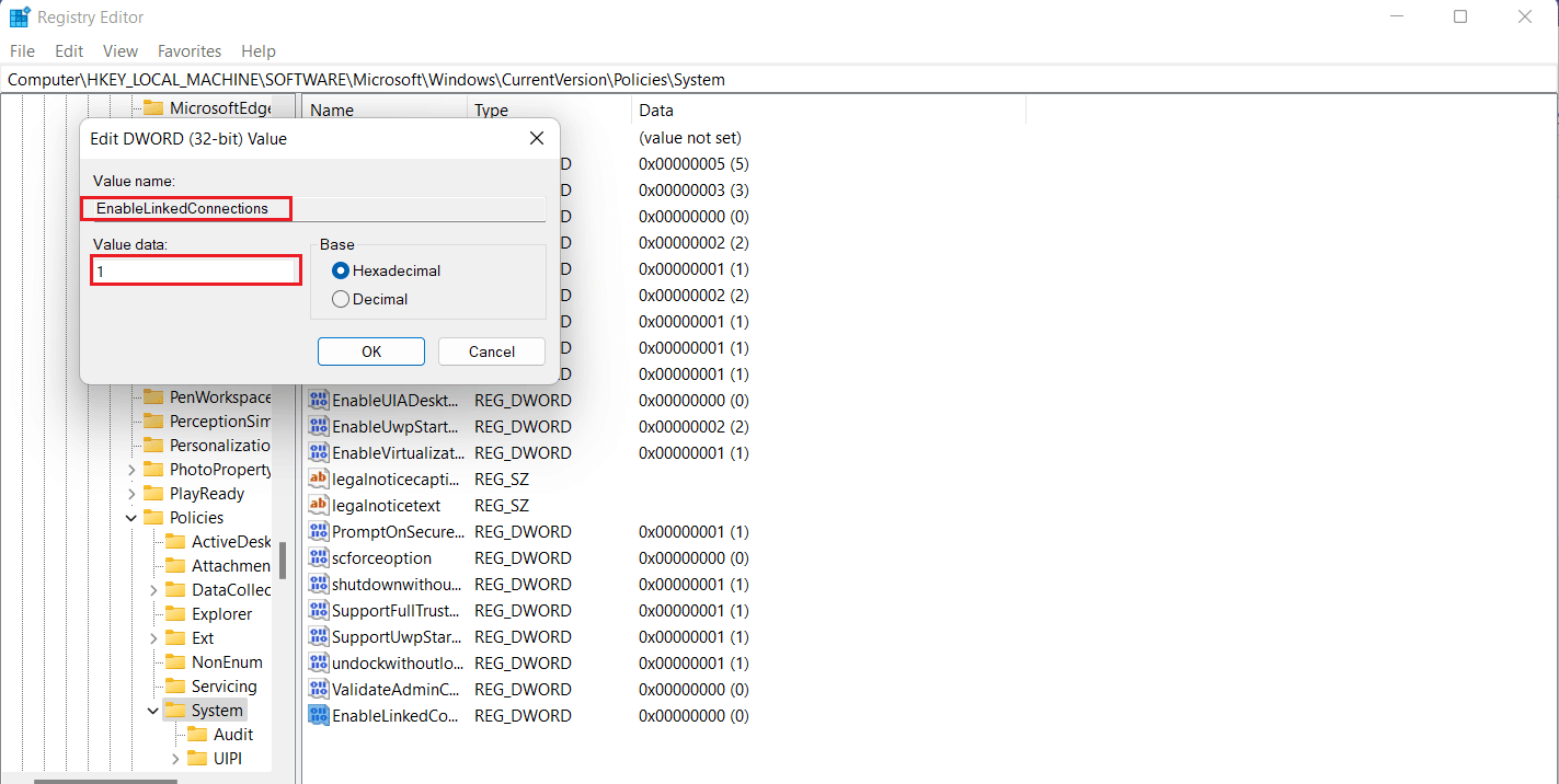 Name new value as EnableLinkedConnections and set Value data as 1