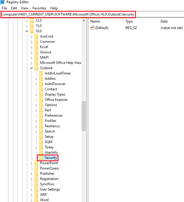 Name the New Key created as Security. Fix Outlook only Opens in Safe Mode on Windows 10