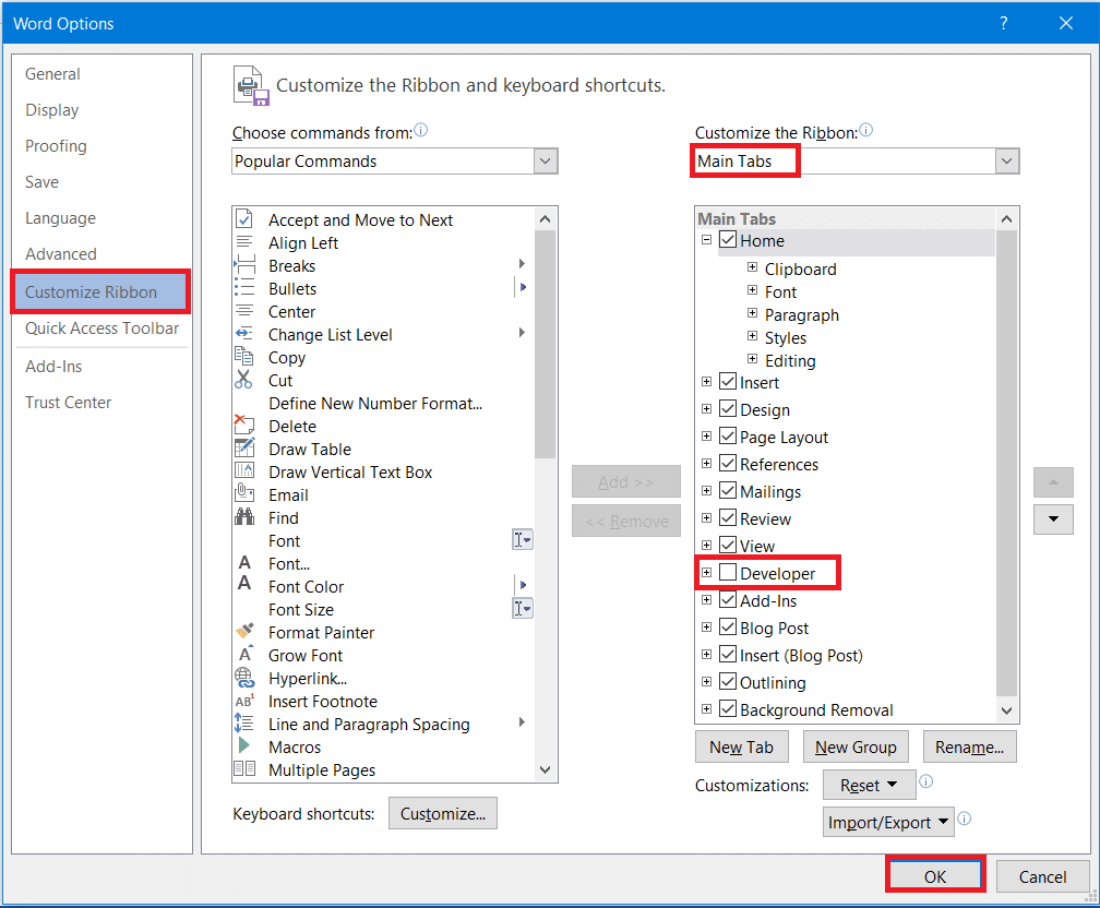 navigate to Customize Ribbon and tick the Developer option