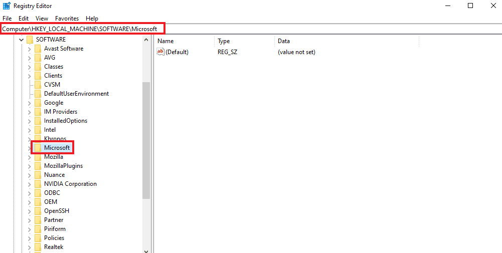 Navigate to HKEY_LOCAL-MACHINE, SOFTWARE, and then Microsoft