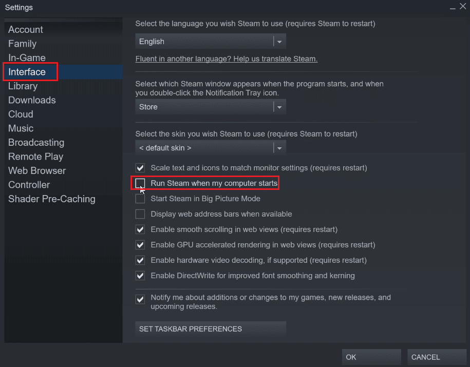 navigate to interface and click run steam when my computer starts