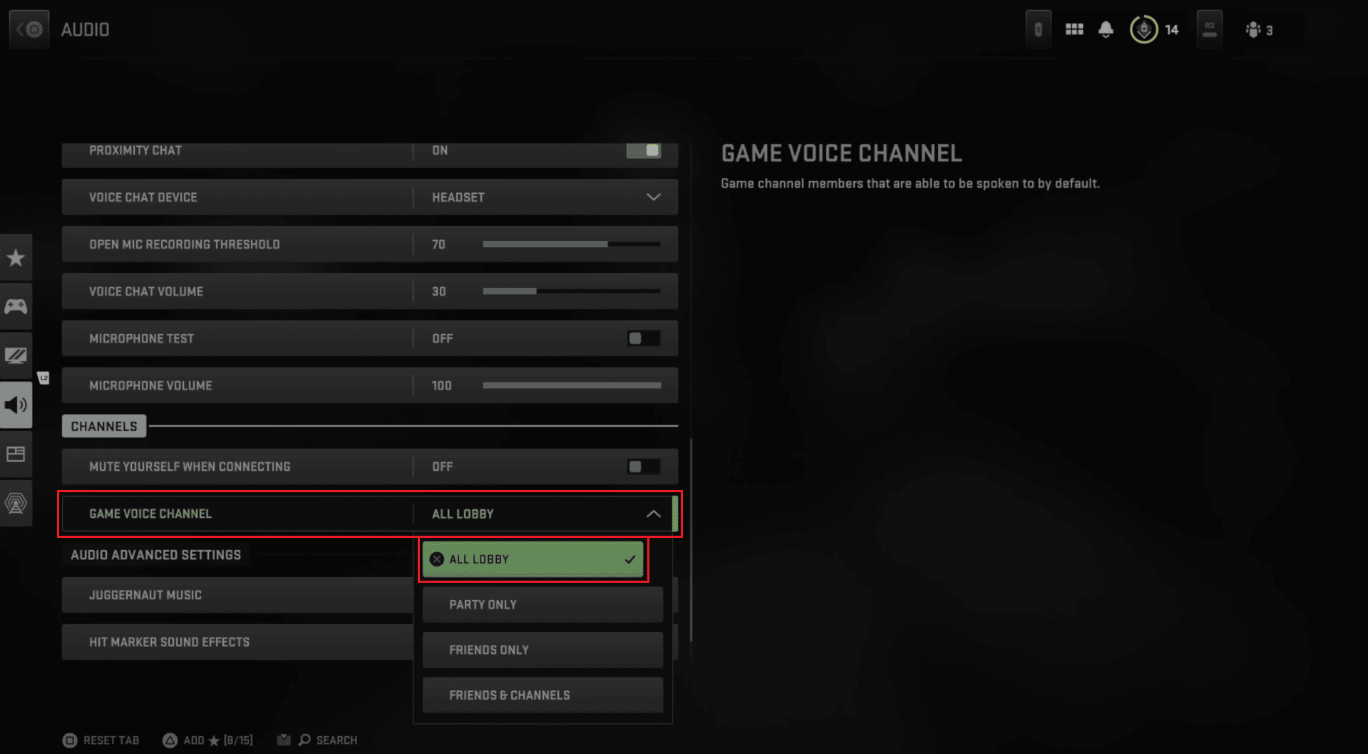 navigate to the CHANNELS section and select the ALL LOBBY option for GAME VOICE CHANNEL