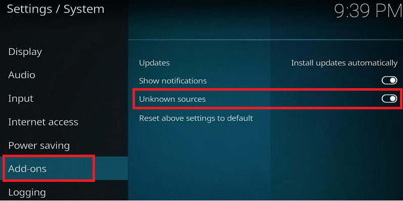 Navigate to the Add ons tab and toggle on the Unknown sources option