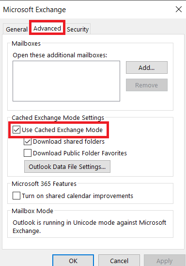 Navigate to the Advanced tab and Check the box before Use Cached Exchange Mode