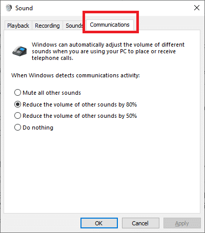 Navigate to the Communications tab inside the Sound window.