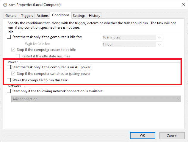 Navigate to the Conditions tab and then deselect “Start the task only if the computer is on AC power.”