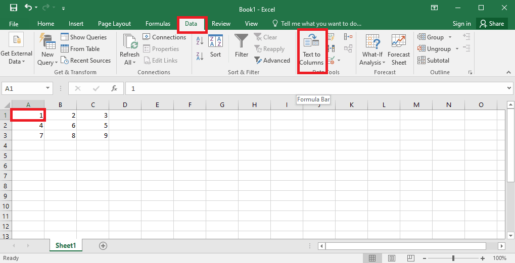 navigate to the Data tab and click on the Text to columns option 