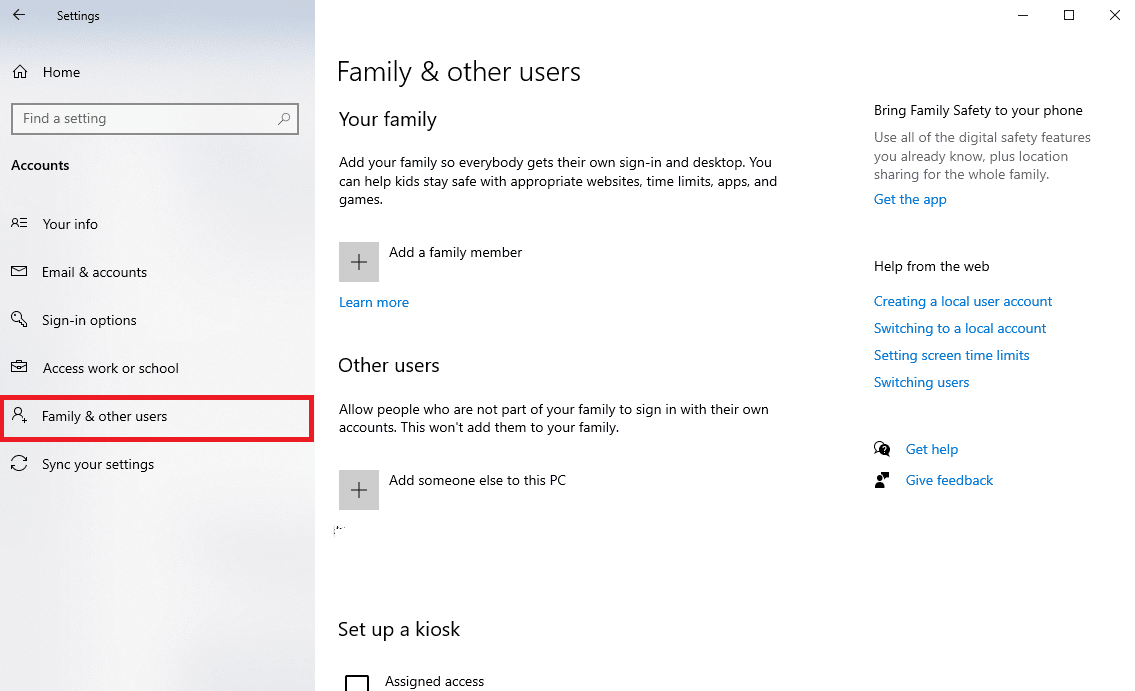 navigate to the Family and other users tab