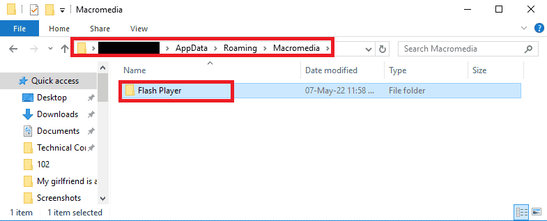 Navigate to the Flash Player folder by following the location path and press the Delete key