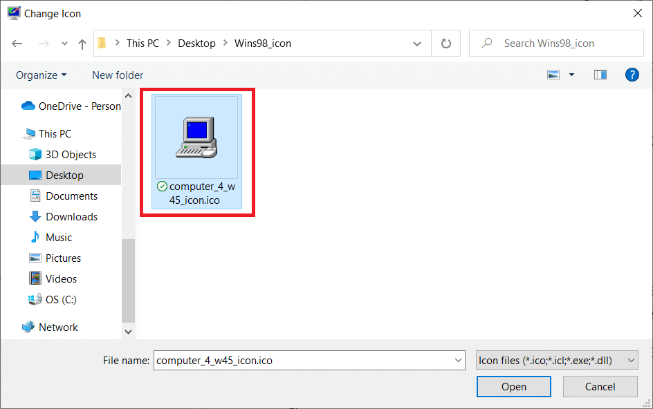 select the icon file you wish to use in the window that appears