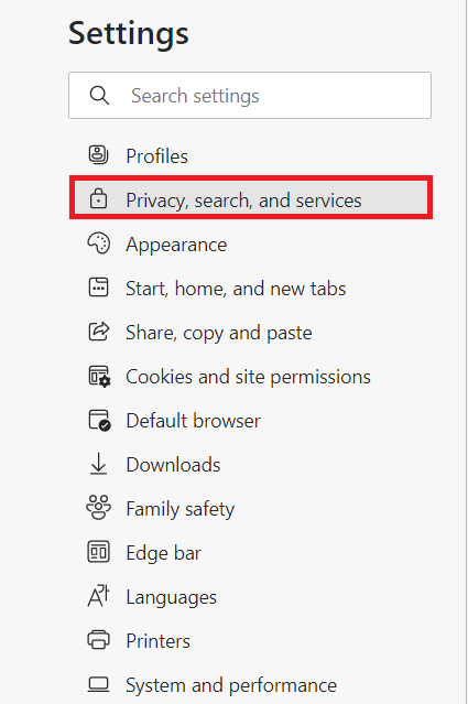 navigate to the Privacy, search, and services option in the left pane
